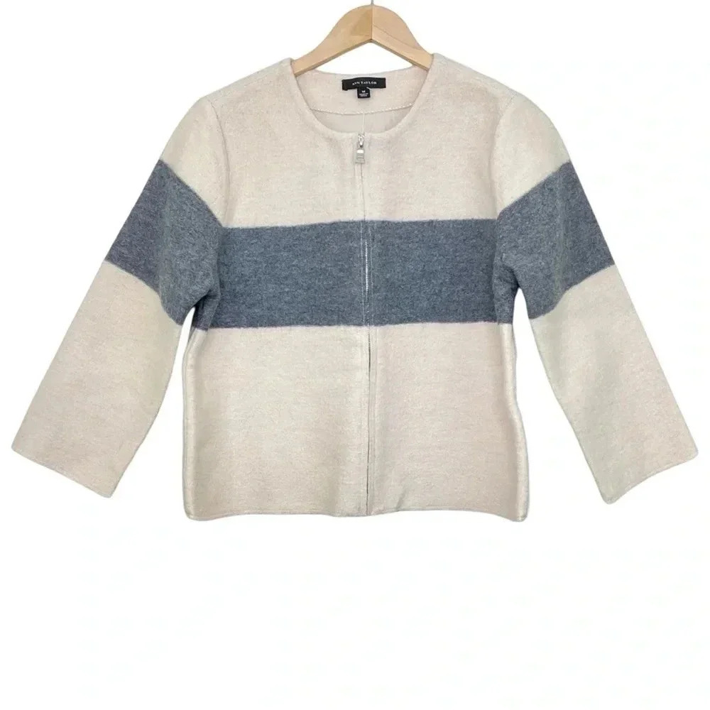 Ann Taylor Boiled Wool Colorblock Stripe Jacket Medium